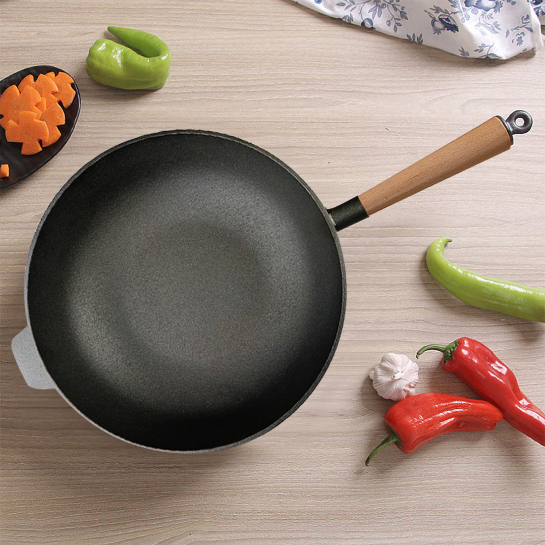 SOGA 2X 31cm Commercial Cast Iron Wok Round Bottom FryPan Home Cooking Skillet - Cafe Supply