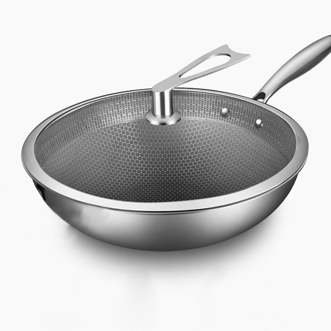 SOGA 2X 32cm Stainless Steel Tri-Ply Frying Cooking Fry Pan Textured Non Stick Interior Skillet with Glass Lid - Cafe Supply