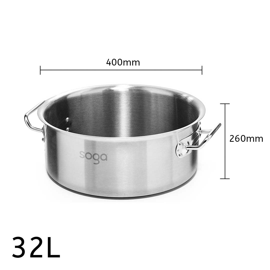 SOGA Stock Pot 32L Top Grade Thick Stainless Steel Stockpot 18/10 Without Lid - Cafe Supply