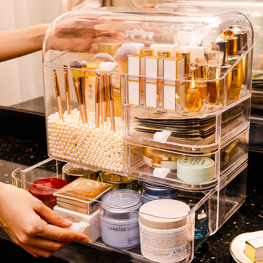 SOGA 2X Transparent Cosmetic Storage Box Clear Makeup Skincare Holder with Lid Drawers Waterproof  Dustproof Organiser with Pearls - Cafe Supply