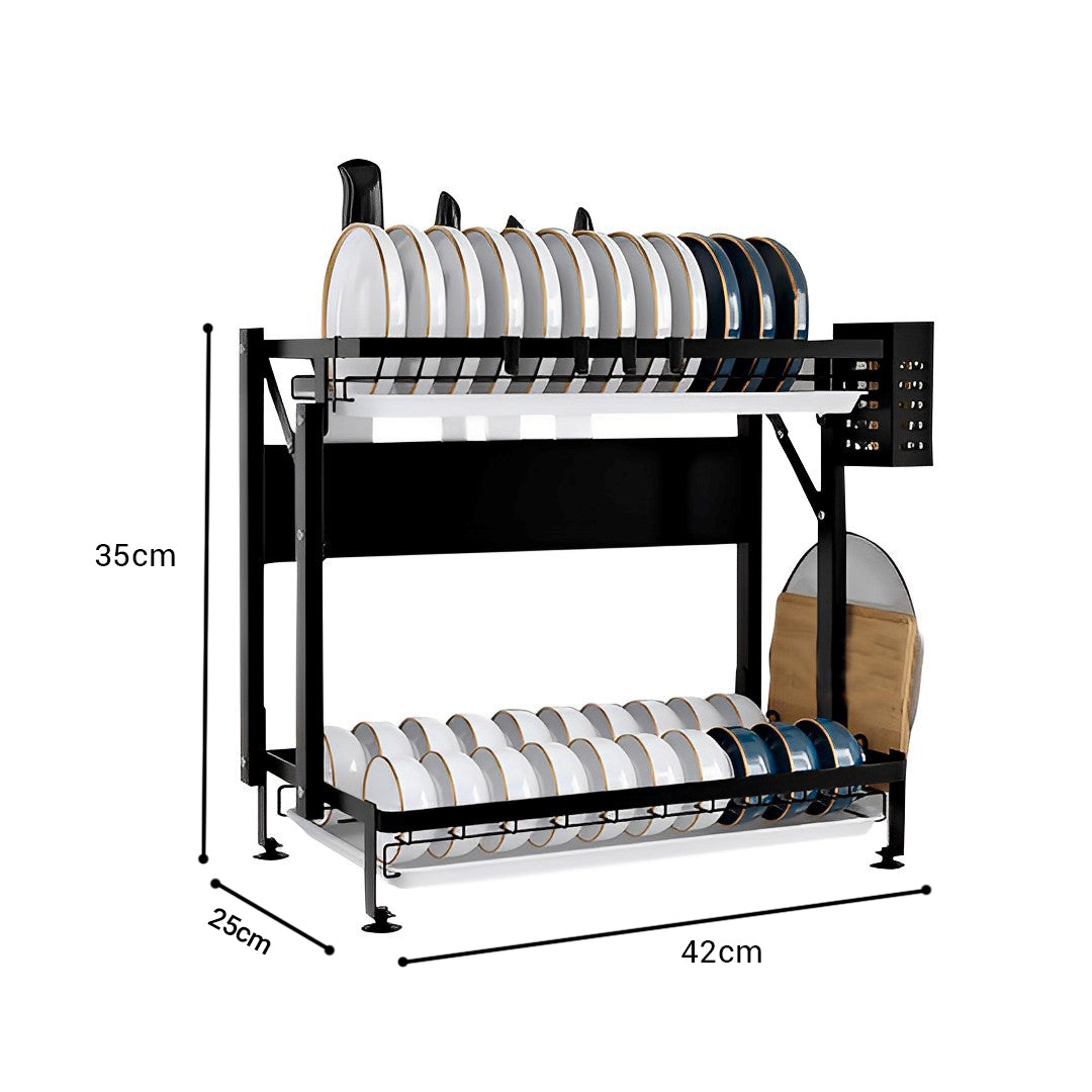 SOGA 2 Tier Steel Black Kitchen Countertop Drying Dish Rack Plate Cutlery Cutting Board Holder Dish Drainer Kitchen Organiser - Cafe Supply