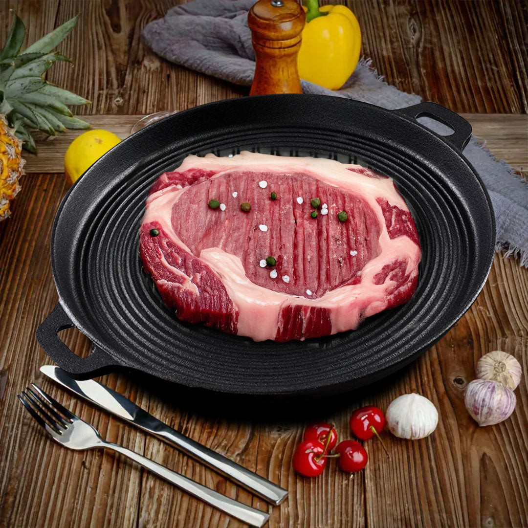 SOGA 35cm Round Ribbed Cast Iron Frying Pan Skillet Steak Sizzle Platter with Handle - Cafe Supply