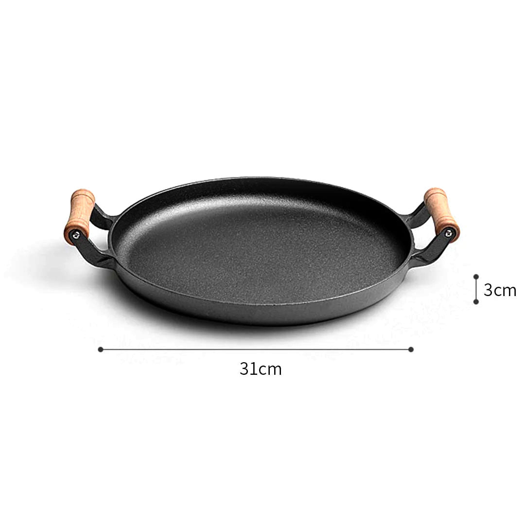 SOGA 31cm Cast Iron Frying Pan Skillet Steak Sizzle Fry Platter With Wooden Handle No Lid - Cafe Supply