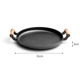 SOGA 31cm Cast Iron Frying Pan Skillet Steak Sizzle Fry Platter With Wooden Handle No Lid - Cafe Supply