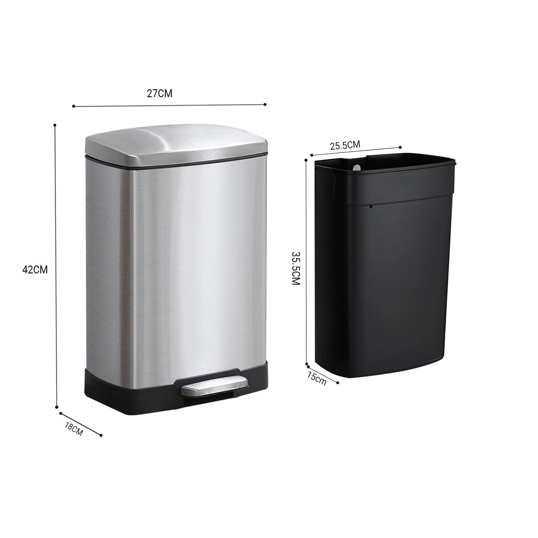 SOGA Foot Pedal Stainless Steel Rubbish Recycling Garbage Waste Trash Bin Rectangular Shape 12L Silver - Cafe Supply