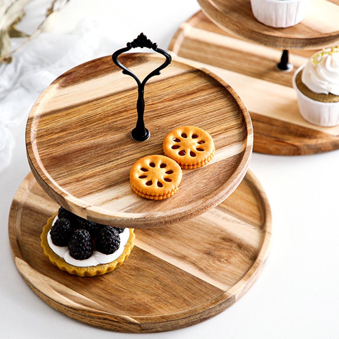 SOGA 2X 20cm 2 Tier Brown  Round Wooden Acacia  Dessert Tray Cake Snacks Cupcake Stand Buffet Serving Countertop Decor - Cafe Supply