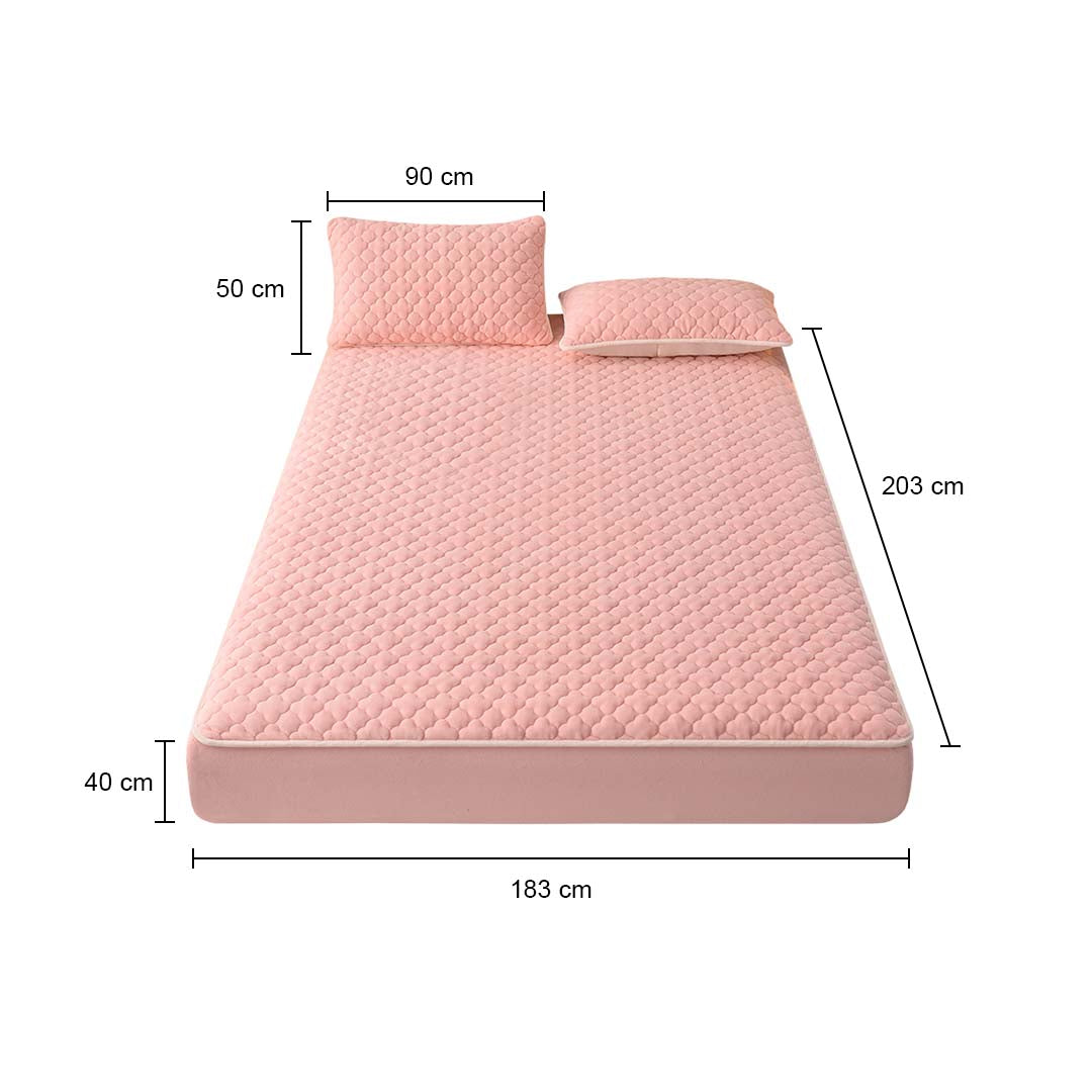 SOGA 2X Pink 183cm Wide Mattress Cover Thick Quilted Fleece Stretchable Clover Design Bed Spread Sheet Protector with Pillow Covers - Cafe Supply