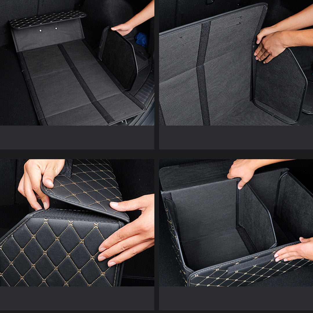SOGA 2X Leather Car Boot Collapsible Foldable Trunk Cargo Organizer Portable Storage Box Black/Gold Stitch Small - Cafe Supply