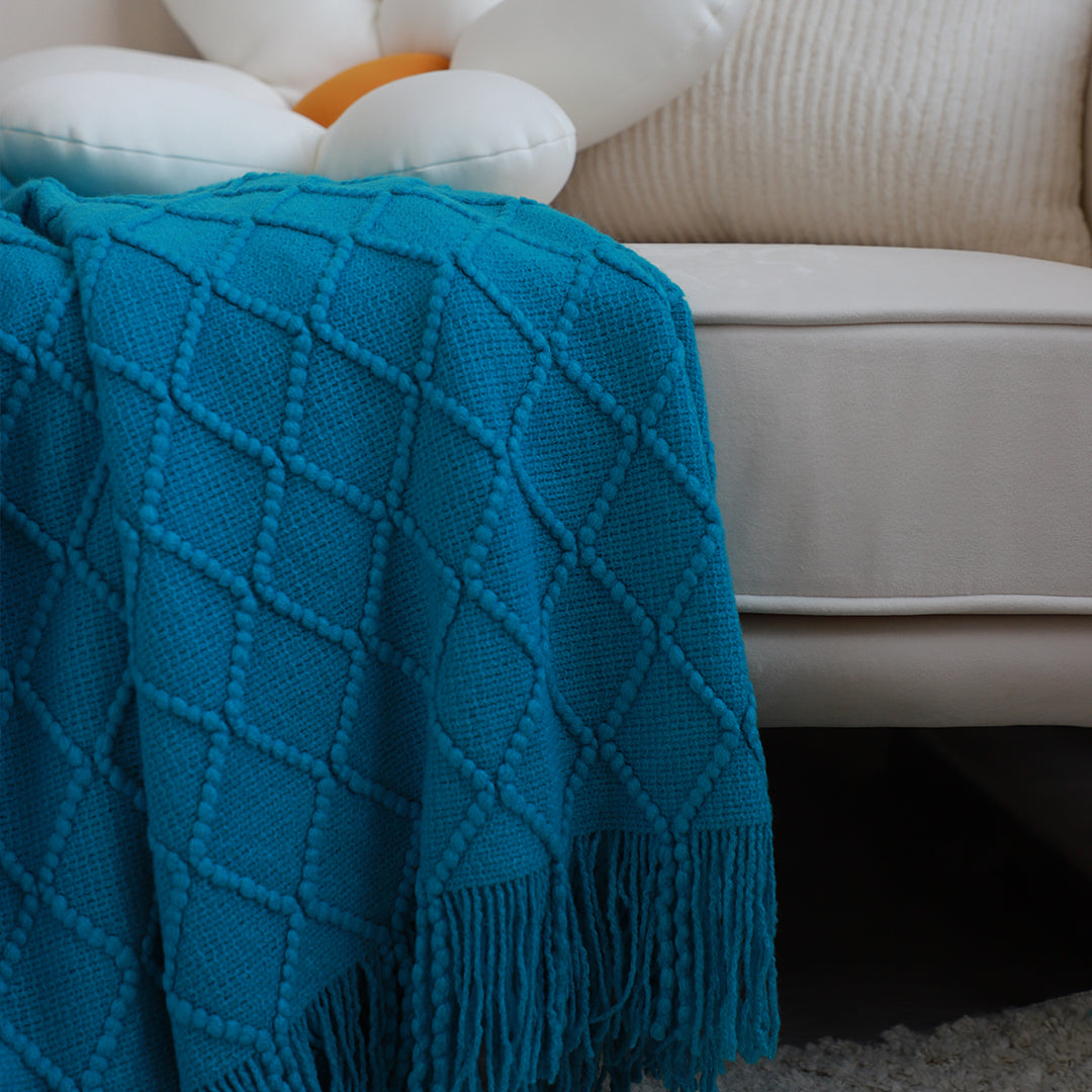 SOGA Blue Diamond Pattern Knitted Throw Blanket Warm Cozy Woven Cover Couch Bed Sofa Home Decor with Tassels - Cafe Supply