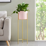 SOGA 2 Layer 60cm Gold Metal Plant Stand with Pink Flower Pot Holder Corner Shelving Rack Indoor Display - Cafe Supply