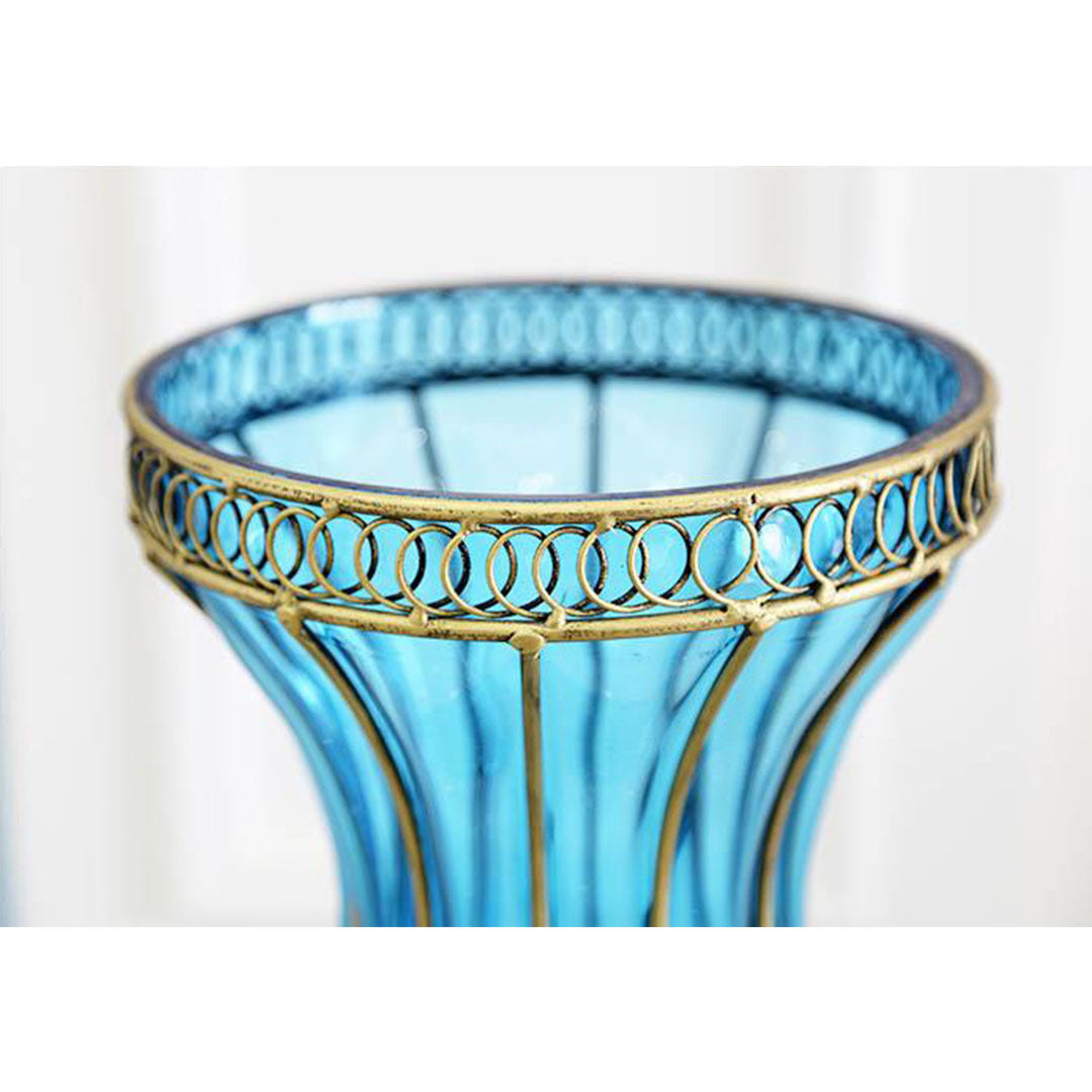 SOGA 67cm Blue Glass Tall Floor Vase and 12pcs Dark Pink Artificial Fake Flower Set - Cafe Supply