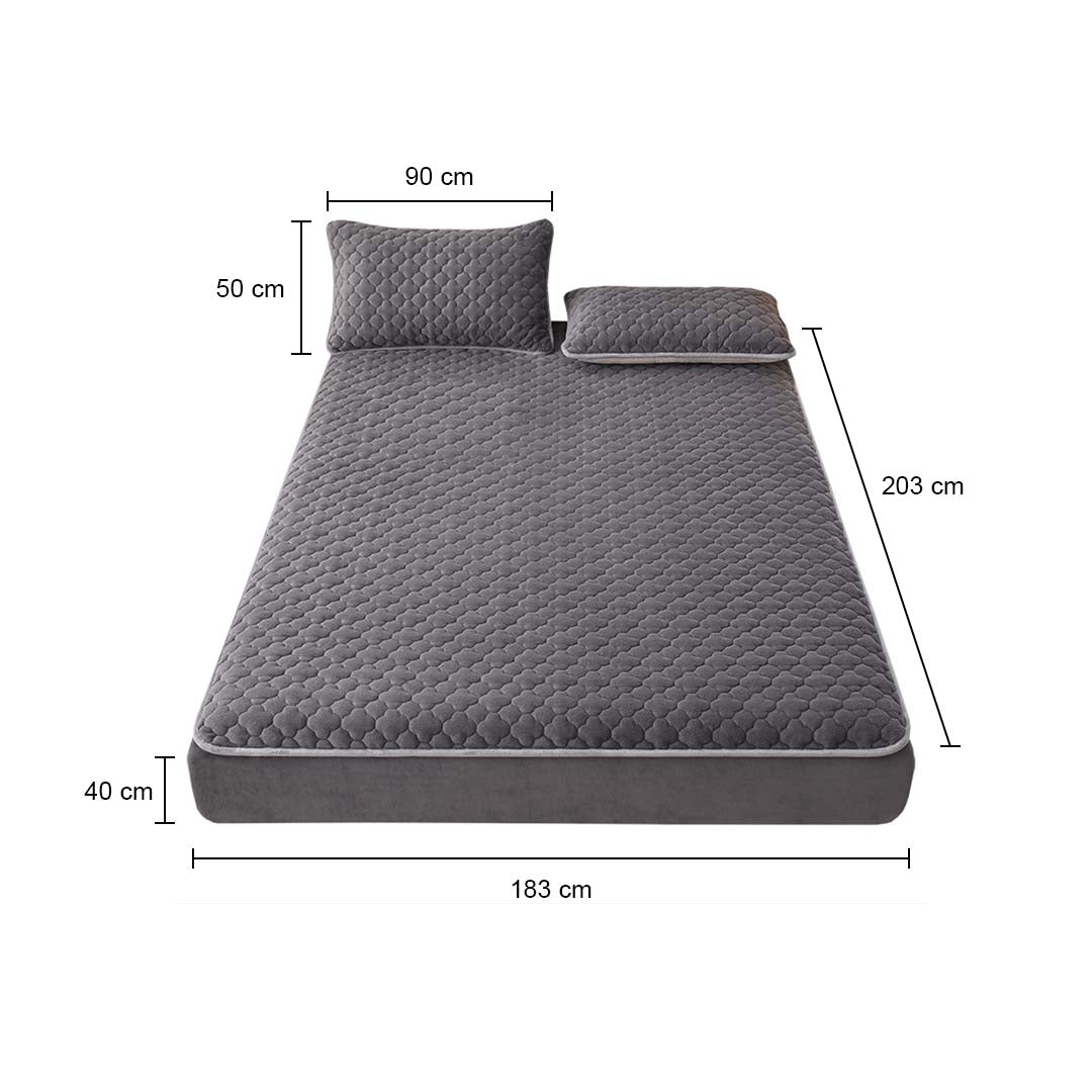 SOGA 2X Grey 183cm Wide Mattress Cover Thick Quilted Fleece Stretchable Clover Design Bed Spread Sheet Protector with Pillow Covers - Cafe Supply