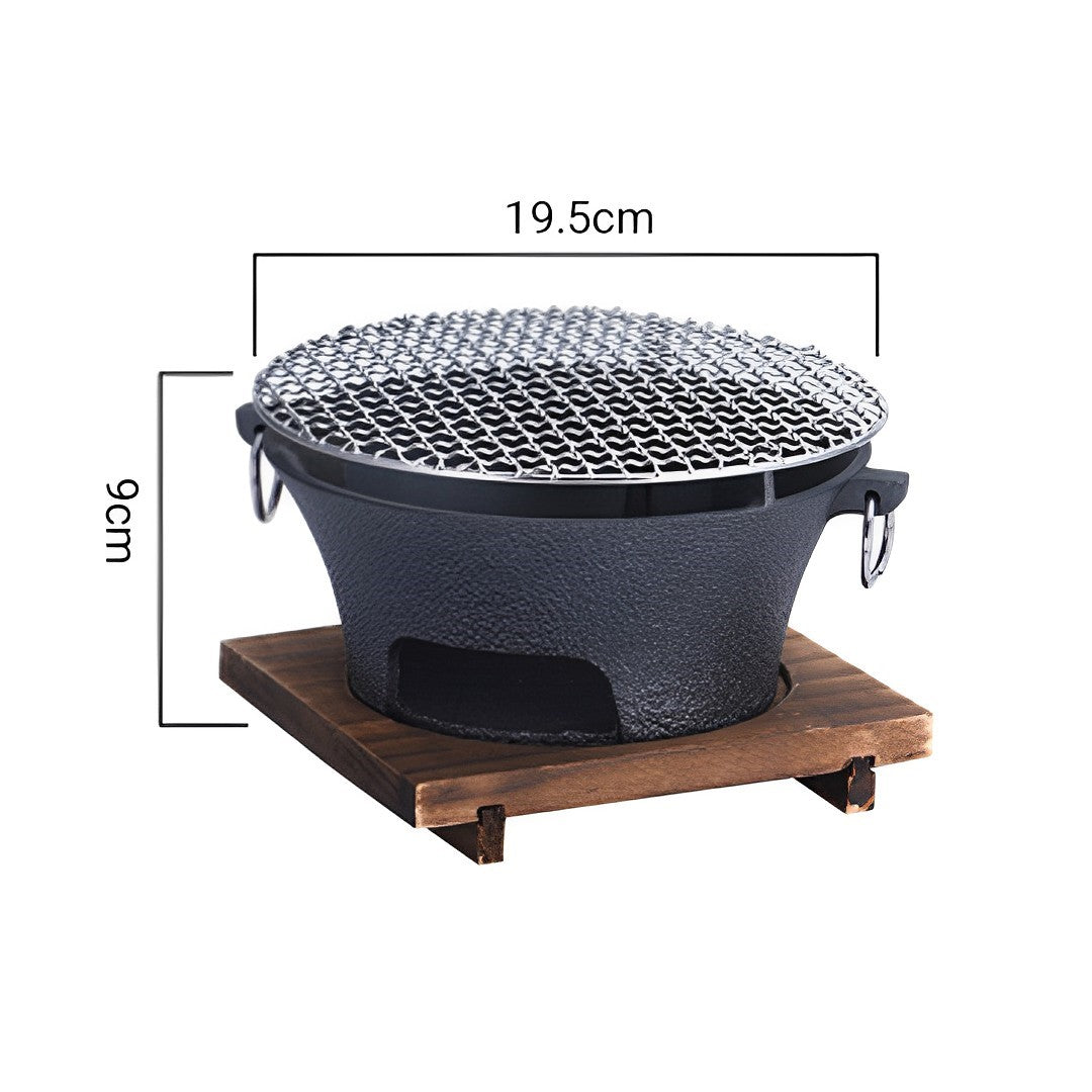 SOGA 2X Small Cast Iron Round Stove Charcoal Table Net Grill Japanese Style BBQ Picnic Camping with Wooden Board - Cafe Supply