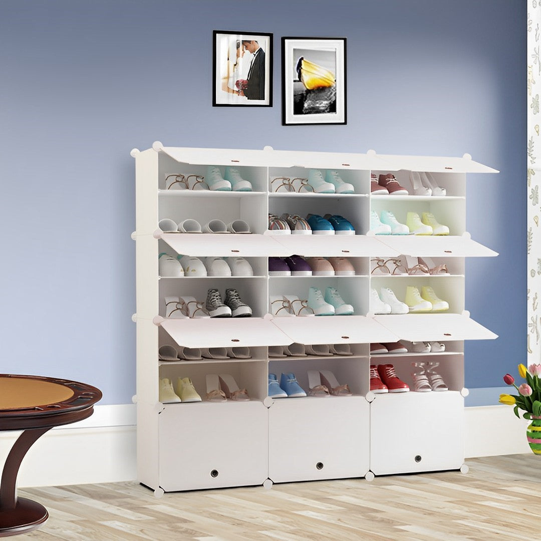 SOGA 7 Tier 3 Column White Shoe Rack Organizer Sneaker Footwear Storage Stackable Stand Cabinet Portable Wardrobe with Cover - Cafe Supply