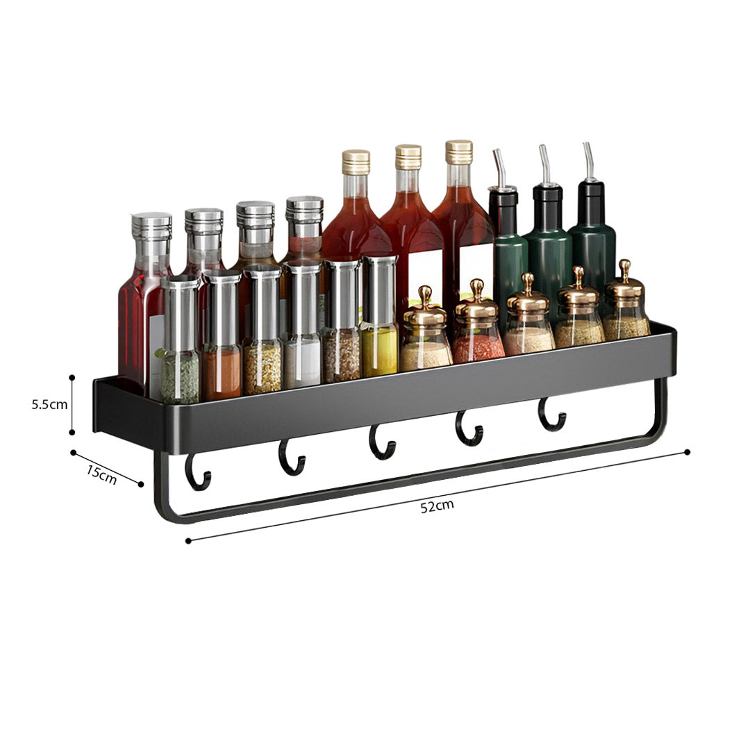 SOGA 2X 52cm Black Wall-Mounted Rectangular Kitchen Spice Storage Organiser Space Saving Condiments Shelf Rack with Hooks - Cafe Supply