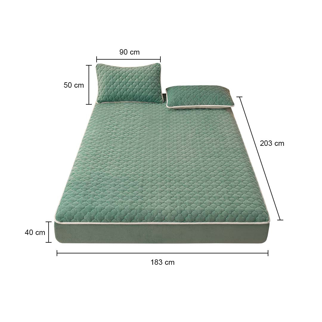SOGA 2X Green 183cm Wide Mattress Cover Thick Quilted Fleece Stretchable Clover Design Bed Spread Sheet Protector with Pillow Covers - Cafe Supply