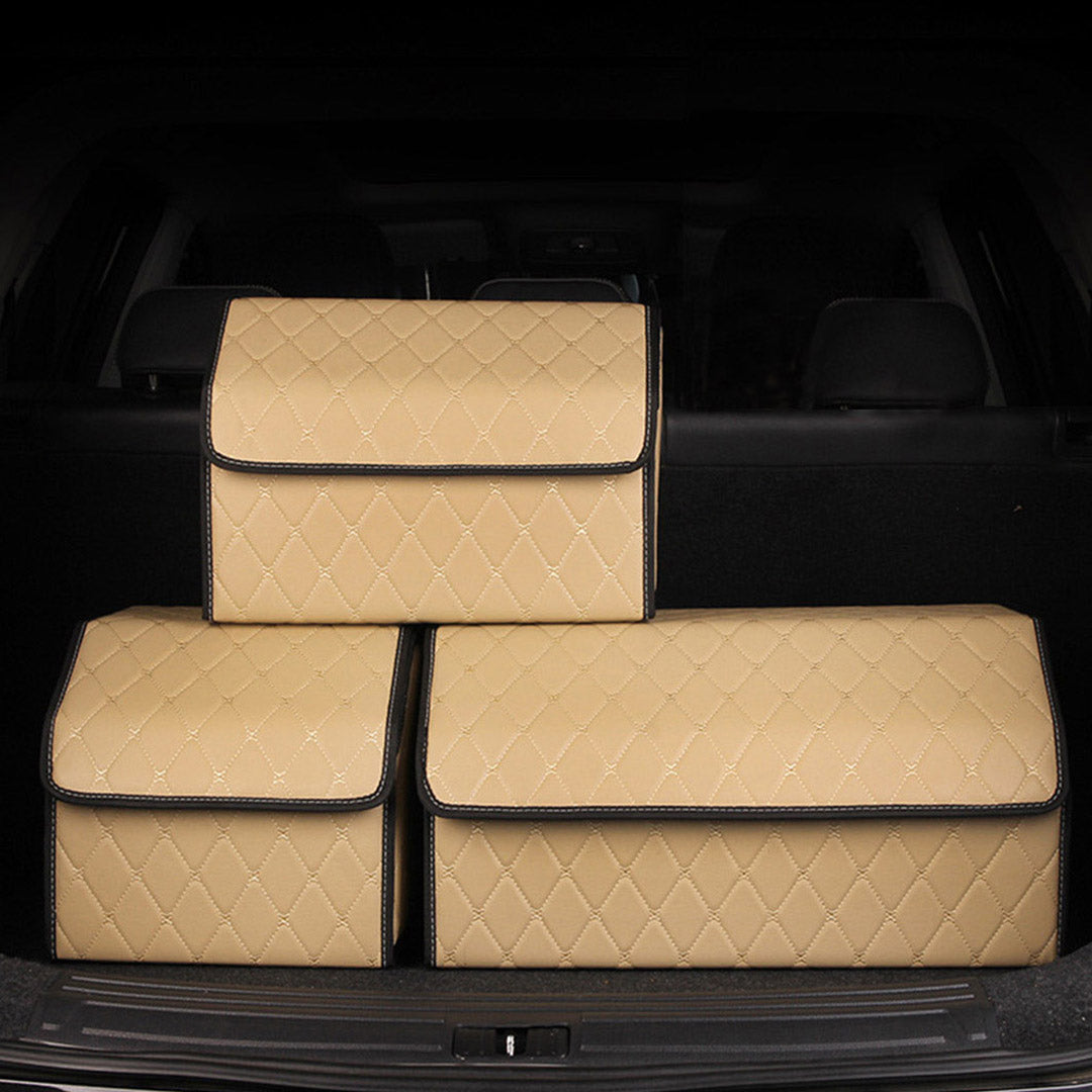 SOGA 2X Leather Car Boot Collapsible Foldable Trunk Cargo Organizer Portable Storage Box Beige/Gold Stitch Large - Cafe Supply