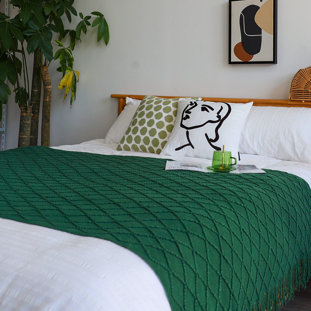SOGA 2X Green Diamond Pattern Knitted Throw Blanket Warm Cozy Woven Cover Couch Bed Sofa Home Decor with Tassels - Cafe Supply