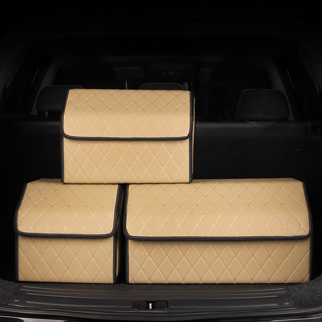 SOGA 2X Leather Car Boot Collapsible Foldable Trunk Cargo Organizer Portable Storage Box Beige/Gold Stitch Small - Cafe Supply