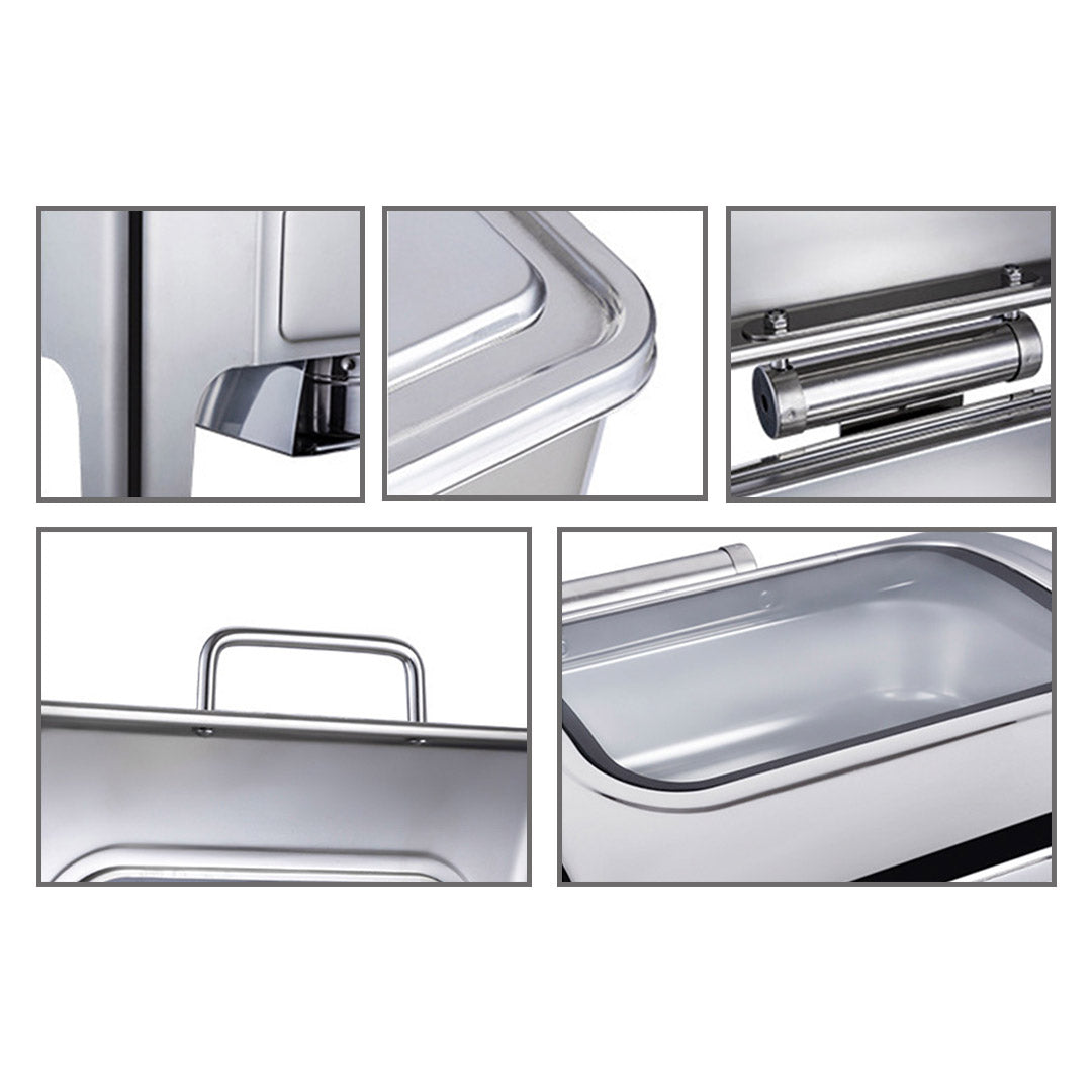 SOGA 4X 9L Rectangular Stainless Steel Soup Warmer Roll Top Chafer Chafing Dish Set with Glass Visual Window Lid - Cafe Supply
