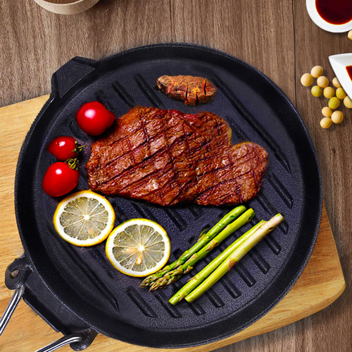 SOGA 2X 24cm Round Ribbed Cast Iron Steak Frying Grill Skillet Pan with Folding Wooden Handle - Cafe Supply