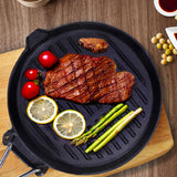 SOGA 2X 24cm Round Ribbed Cast Iron Steak Frying Grill Skillet Pan with Folding Wooden Handle - Cafe Supply