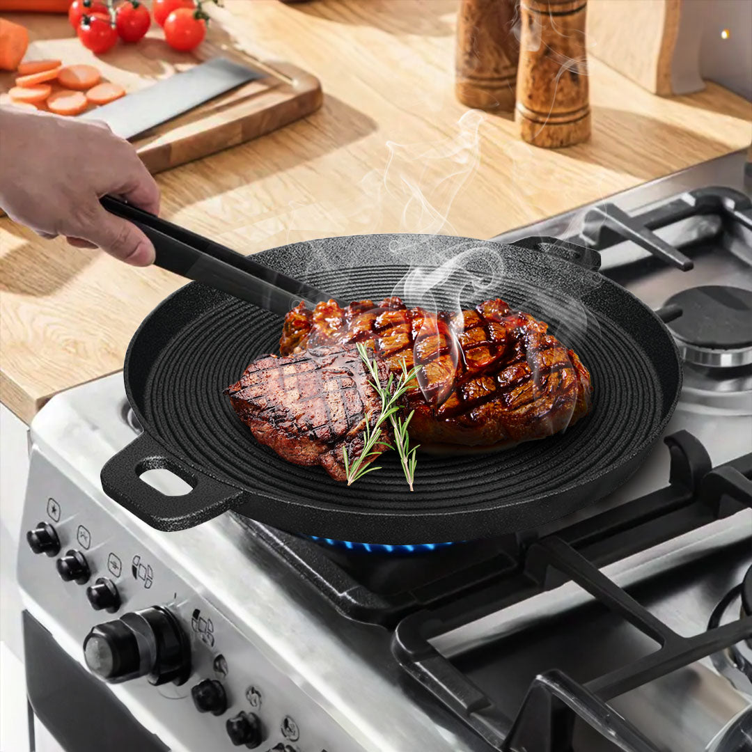 SOGA 2X 35cm Round Ribbed Cast Iron Frying Pan Skillet Steak Sizzle Platter with Handle - Cafe Supply