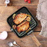SOGA 2X 24cm Ribbed Cast Iron Square Steak Frying Grill Skillet Pan with Folding Wooden Handle - Cafe Supply