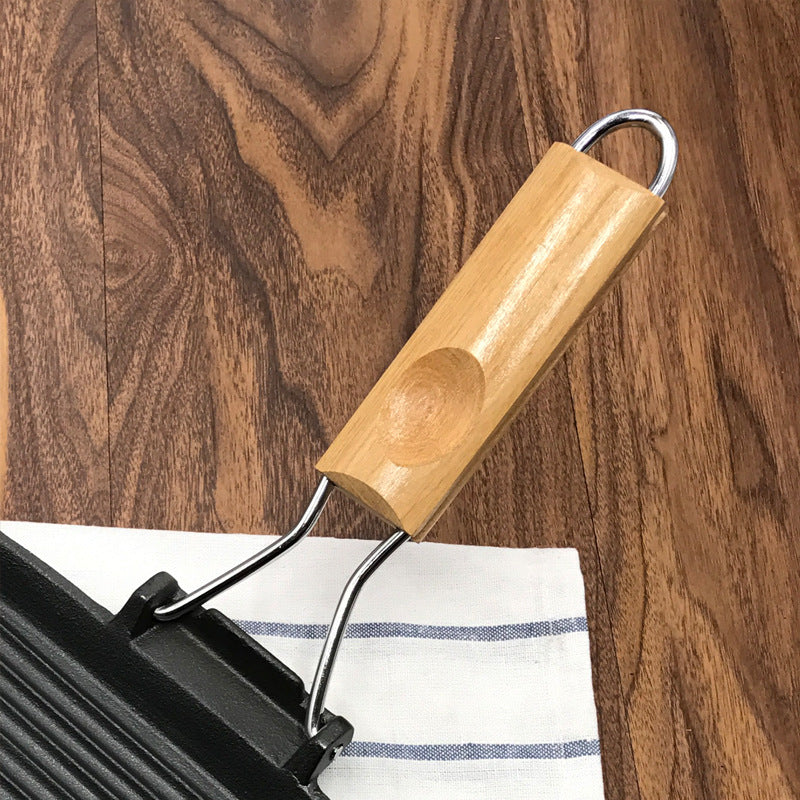 SOGA 2X 20.5cm Rectangular Cast Iron Griddle Grill Frying Pan with Folding Wooden Handle - Cafe Supply