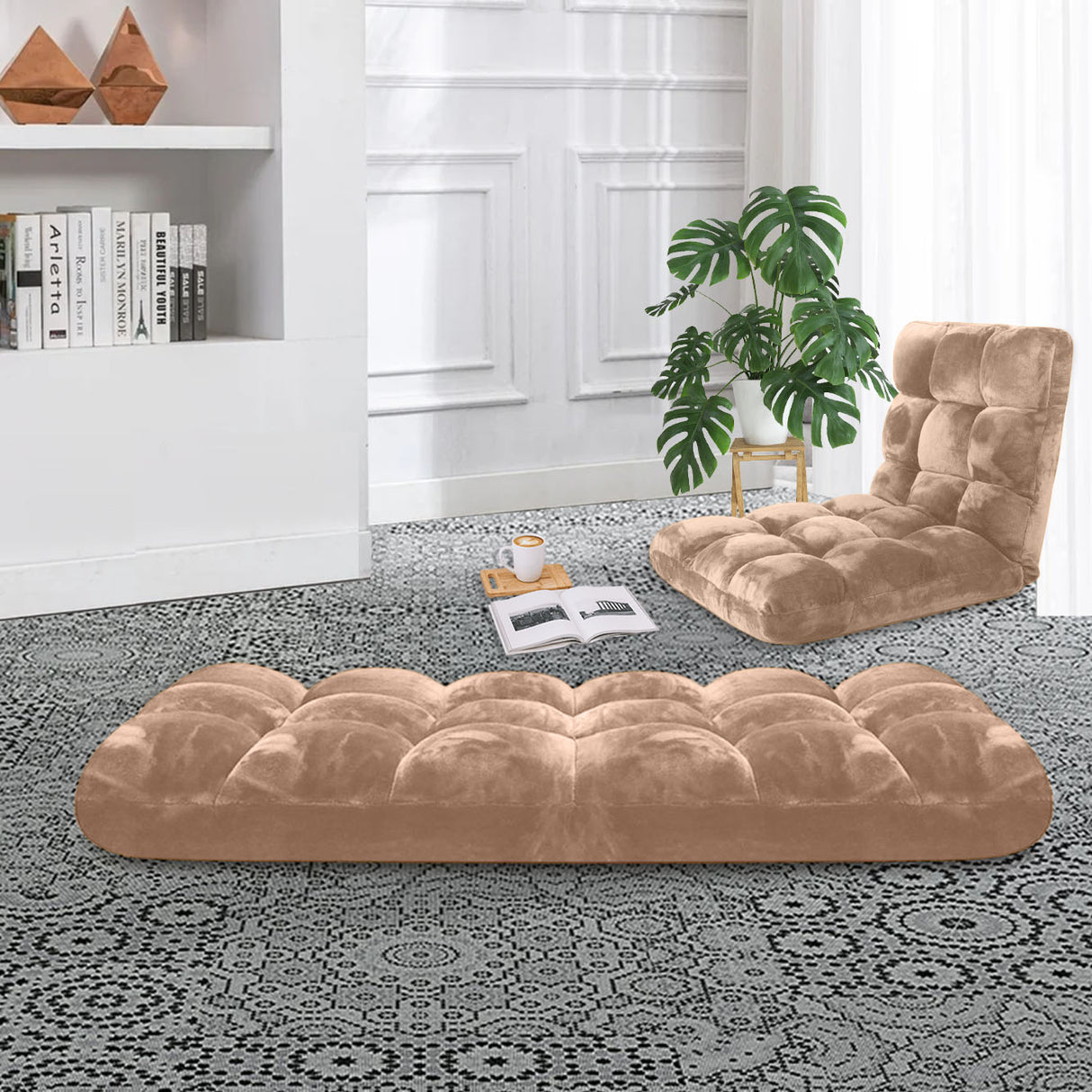 SOGA 2X Floor Recliner Folding Lounge Sofa Futon Couch Folding Chair Cushion Light Apricot - Cafe Supply