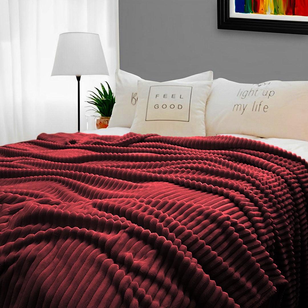 SOGA Burgundy Throw Blanket Warm Cozy Striped Pattern Thin Flannel Coverlet Fleece Bed Sofa Comforter - Cafe Supply