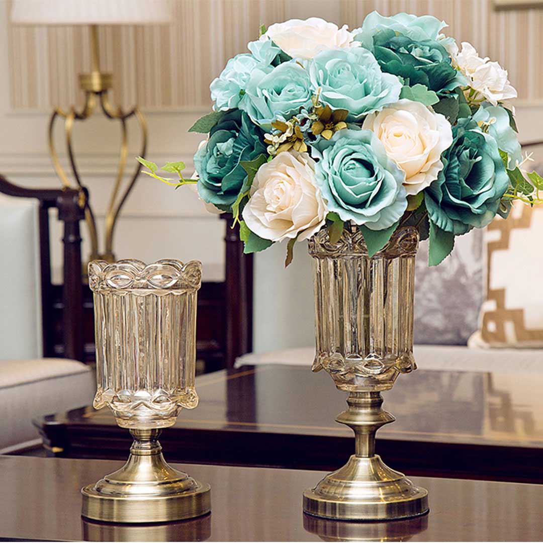 SOGA 2X 25cm Transparent Glass Flower Vase with Metal Base Filler Vase - Cafe Supply