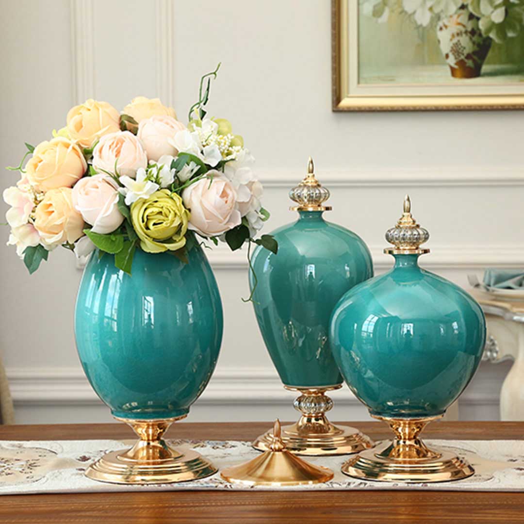 SOGA 40.5cm Ceramic Oval Flower Vase with Gold Metal Base Green - Cafe Supply