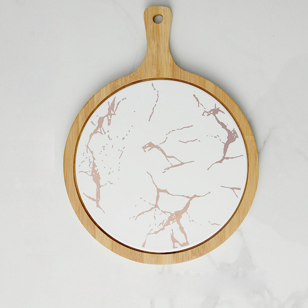 SOGA 30cm White Circle Wooden Serving Tray Slate Steak Serving Platter Chopping Board Paddle Home Decor - Cafe Supply