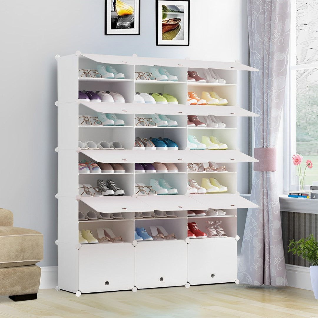 SOGA 9 Tier 3 Column White Shoe Rack Organizer Sneaker Footwear Storage Stackable Stand Cabinet Portable Wardrobe with Cover - Cafe Supply