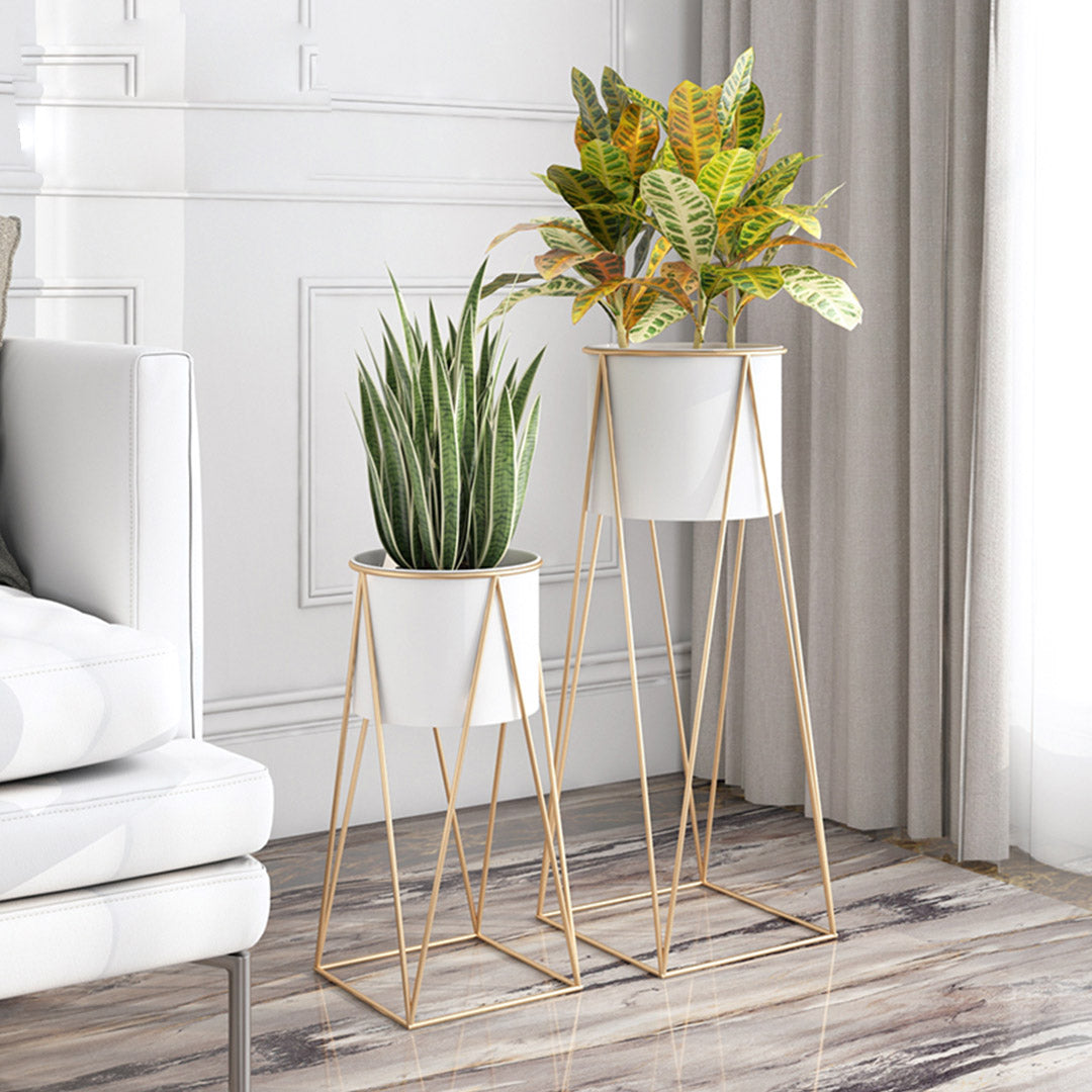 SOGA 2X 70cm Gold Metal Plant Stand with White Flower Pot Holder Corner Shelving Rack Indoor Display - Cafe Supply