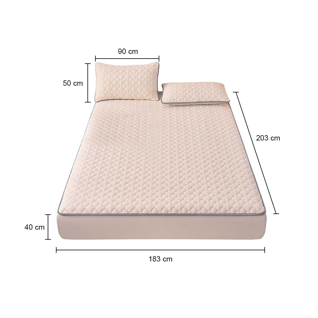 SOGA 2X Beige 183cm Wide Mattress Cover Thick Quilted Fleece Stretchable Clover Design Bed Spread Sheet Protector with Pillow Covers - Cafe Supply
