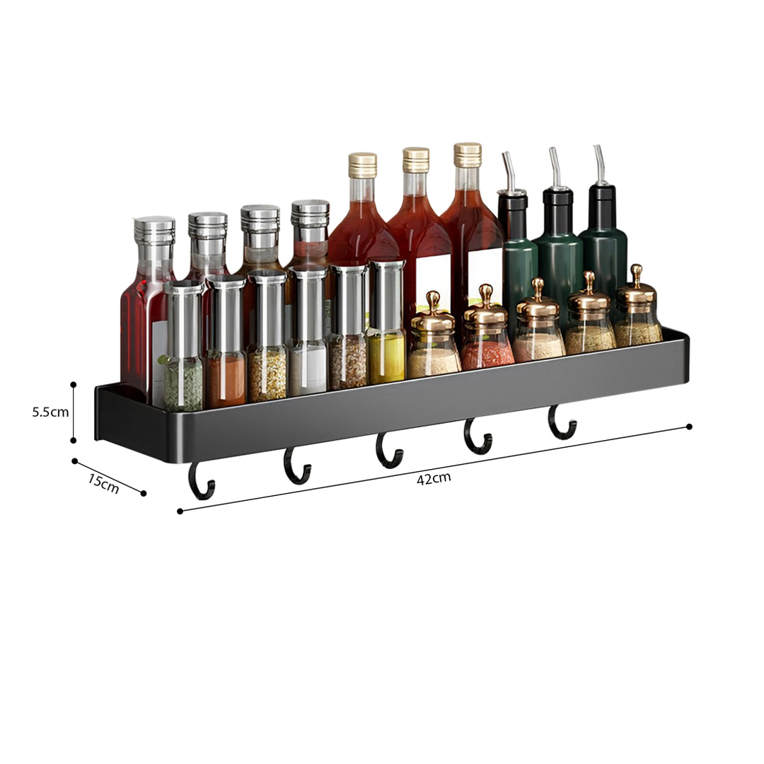 SOGA 42cm Black Wall-Mounted Rectangular Kitchen Spice Storage Organiser Space Saving Condiments Shelf Rack with Hooks - Cafe Supply