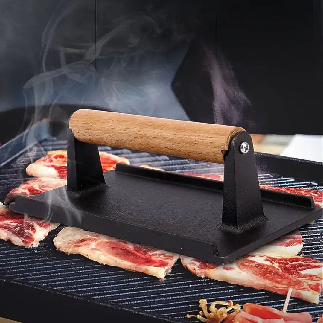 SOGA 2X Cast Iron Bacon Meat Steak Press Grill BBQ with Wood Handle Weight Plate - Cafe Supply