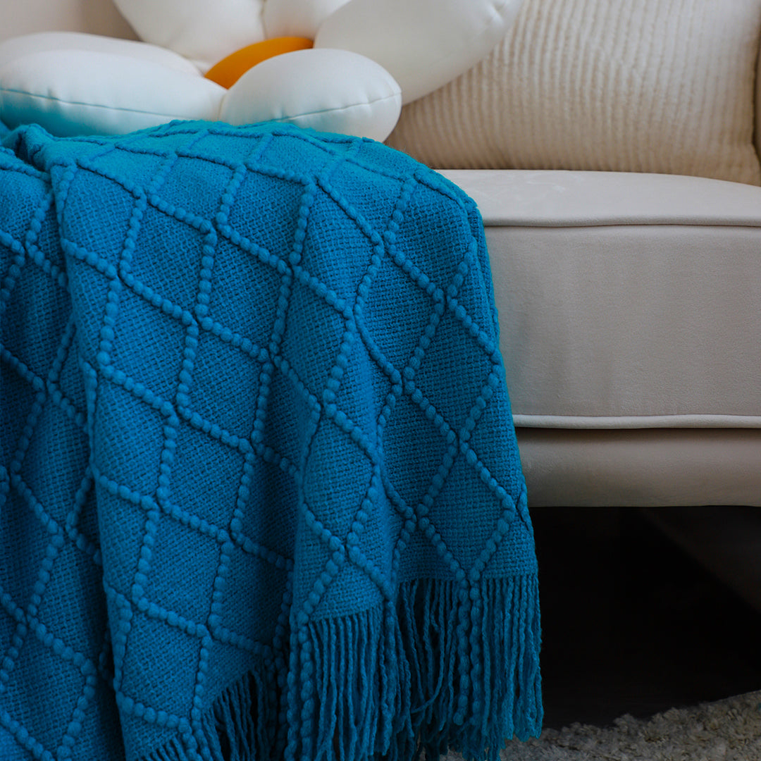 SOGA 2X Blue Diamond Pattern Knitted Throw Blanket Warm Cozy Woven Cover Couch Bed Sofa Home Decor with Tassels - Cafe Supply