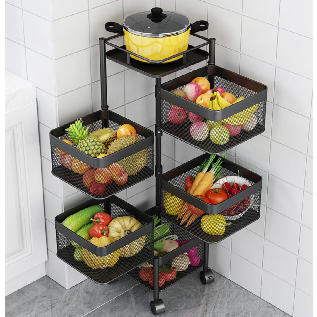 SOGA 5 Tier Steel Square Rotating Kitchen Cart Multi-Functional Shelves Portable Storage Organizer with Wheels - Cafe Supply