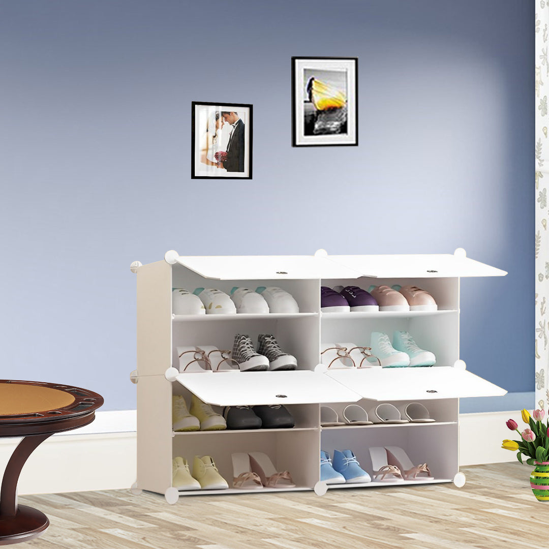 SOGA 4 Tier 2 Column White Shoe Rack Organizer Sneaker Footwear Storage Stackable Stand Cabinet Portable Wardrobe with Cover - Cafe Supply