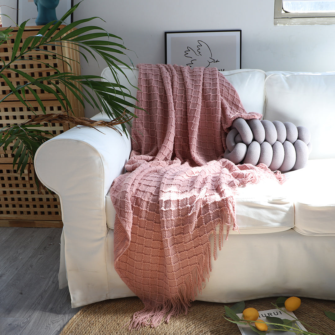 SOGA 2X  Pink Diamond Pattern Knitted Throw Blanket Warm Cozy Woven Cover Couch Bed Sofa Home Decor with Tassels - Cafe Supply