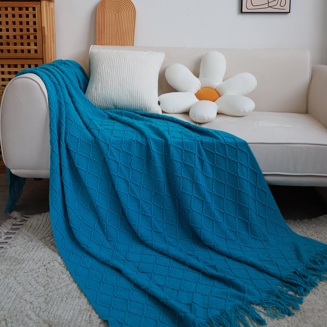 SOGA Blue Diamond Pattern Knitted Throw Blanket Warm Cozy Woven Cover Couch Bed Sofa Home Decor with Tassels - Cafe Supply
