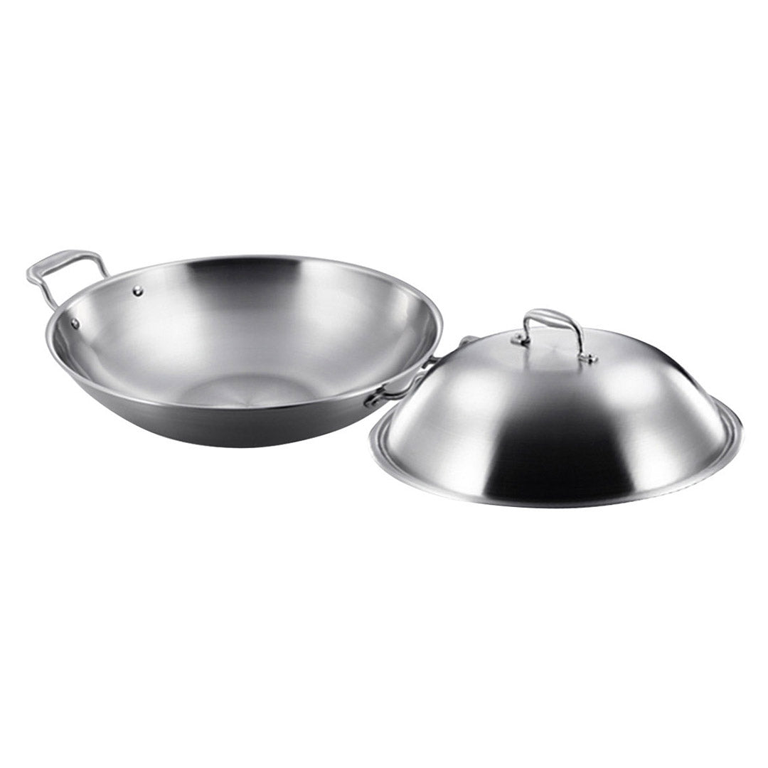 SOGA 2X 3-Ply 42cm Stainless Steel Double Handle Wok Frying Fry Pan Skillet with Lid - Cafe Supply