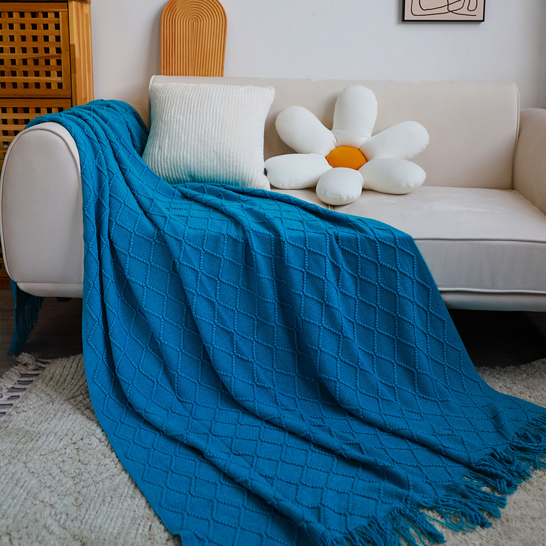 SOGA 2X Blue Diamond Pattern Knitted Throw Blanket Warm Cozy Woven Cover Couch Bed Sofa Home Decor with Tassels - Cafe Supply