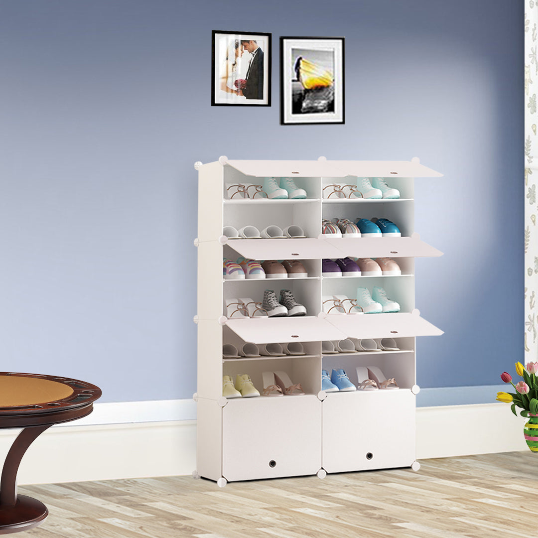 SOGA 7 Tier 2 Column White Shoe Rack Organizer Sneaker Footwear Storage Stackable Stand Cabinet Portable Wardrobe with Cover - Cafe Supply