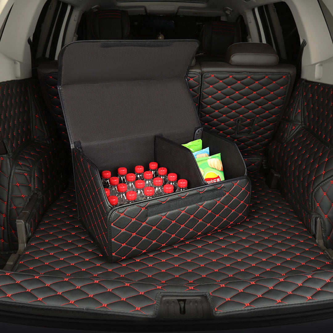 SOGA 2X Leather Car Boot Collapsible Foldable Trunk Cargo Organizer Portable Storage Box Black/Red Stitch Small - Cafe Supply