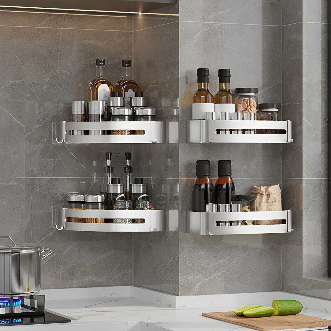 SOGA Silver Wall-Mounted Rectangular Bathroom Storage Organiser Space Saving Adhesive Shelf Rack with Hooks - Cafe Supply