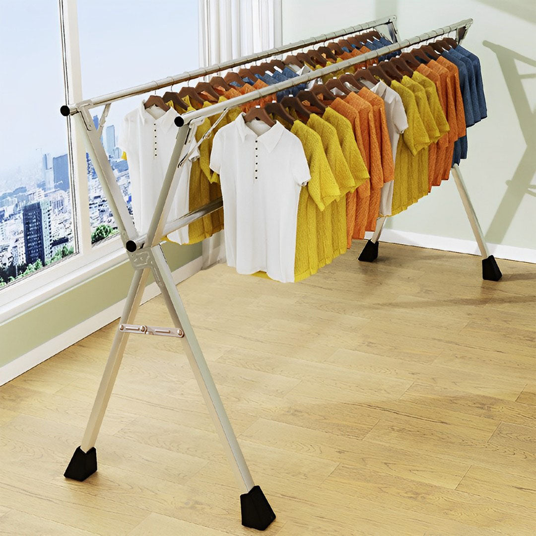 SOGA 2X 2.4m Portable Standing Clothes Drying Rack Foldable Space-Saving Laundry Holder 3 Poles - Cafe Supply